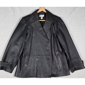 Vintage 90s Bagatelle Black Leather Double Breasted Pea Coat Jacket Mens XL EXC